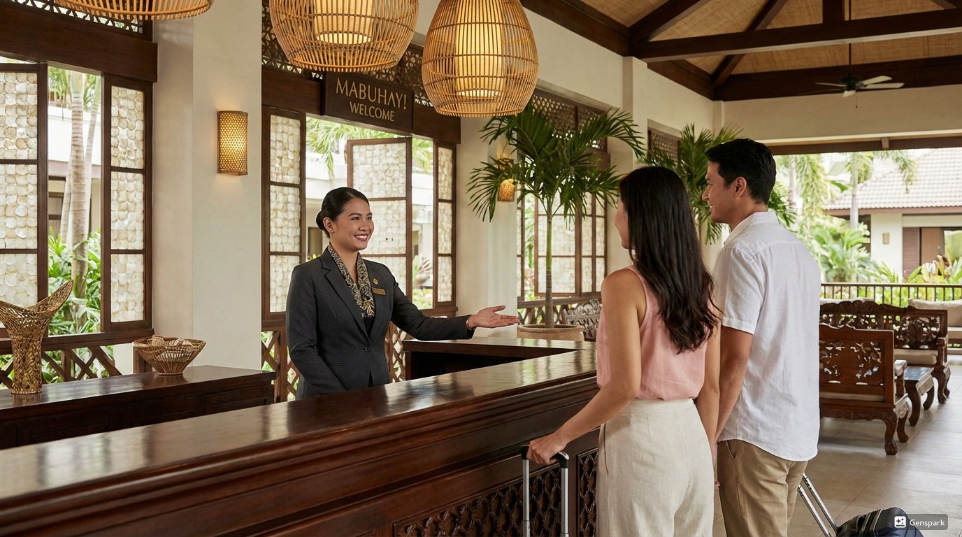 Welcoming Filipino hotel receptionist at a resort front desk